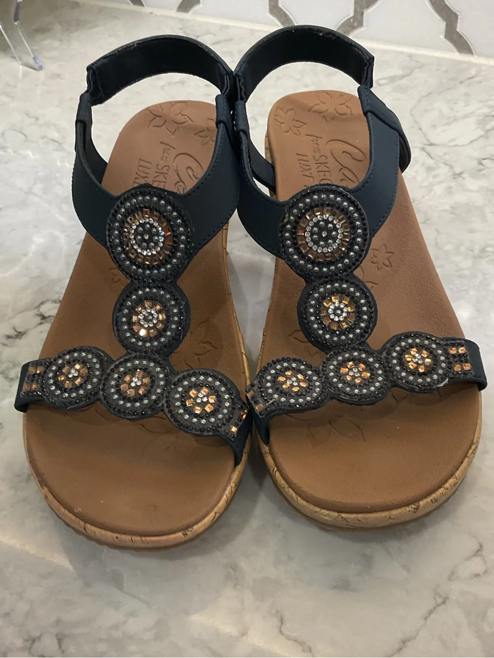 Skechers Black Beaded T-Strap Sandals with Tan Footbed